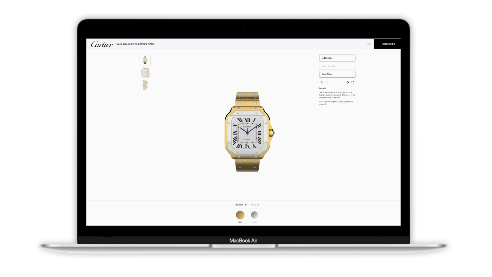 A simulation of Cartier watch on PlatformE Ripe White.